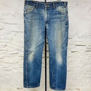 Vintage 70s 80s Distressed Denim Blue Jeans Whiskering Fading Talon Zipper 34x29